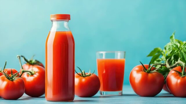 On a clean light blue background is a package of juice with tomato. On the bottle there is a blank label and space for an inscription, nearby there is a glass of juice,