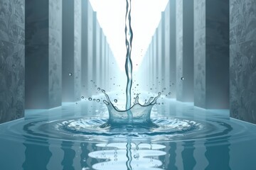 A stream of water splashes into a tranquil pool between modern architectural columns, creating ripples and droplets.