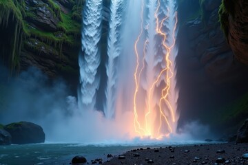 A stunning waterfall cascades into a misty pool as bright lightning dramatically strikes through the falling water.