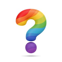 A vibrant rainbow colored question mark with a glossy finish on a plain white background in a studio shot