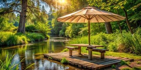 Naklejka premium A rustic wooden bench sits beneath a charming wooden parasol on a sunny summer day in a quaint backyard with a babbling brook and surrounded by nature's beauty , wooden parasol, summertime
