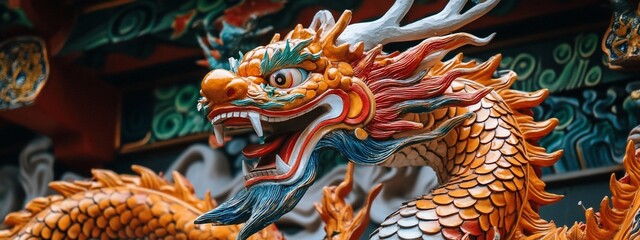 Fototapeta premium Ornate, vibrant Chinese dragon statue detail. Majestic, detailed, and colorful