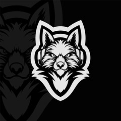 Fox with headphone mascot animal esport illustration logo design, black white