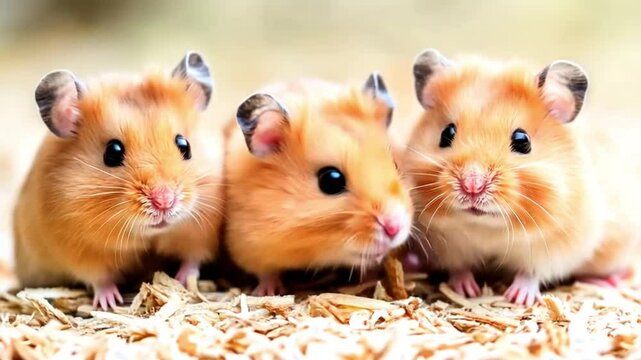 Three golden hamsters together on wood chips. Pets as cute friends. Animal portrait