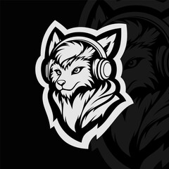 Wolf with headphone mascot animal esport illustration character, black white