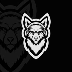 Wolf with headphone mascot esport illustration logo design, black white