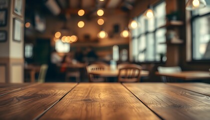 wooden table surface, blurred restaurant interior, warm lighting, bokeh effect, rustic ambiance, depth of field, empty dining area, industrial pendant lights