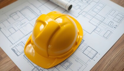 Construction blueprint, architectural drawing, yellow hard hat, safety helmet, rolled paper plans, technical sketches, engineering design, workplace safety