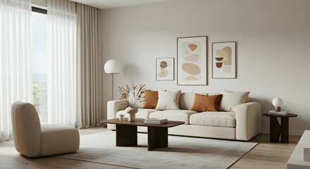 Modern Minimalist Living Room Design Neutral Tones, Organic Shapes, and Calming Ambiance