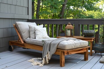 Serene Wooden Chaise Lounge on Outdoor Deck with Green Trees and Gray Wall