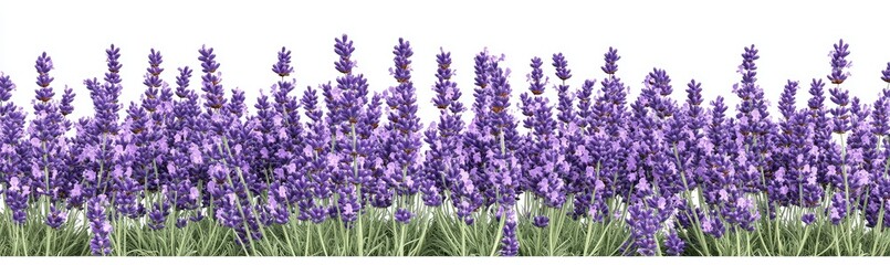 Naklejka premium Vibrant purple lavender blossoms in full bloom, forming a lush row against a clean white background