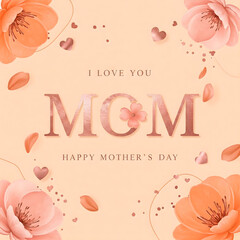 Elegant floral design spells "MOM" with "I LOVE YOU" and "HAPPY MOTHER'S DAY" on a soft background with hearts. Generative AI.