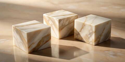 Three Marbled Cubes Arranged in a Row on a Beige Surface with Soft Light and Shadows