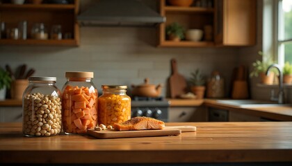 Healthy Pantry Staples on Rustic Kitchen Counter