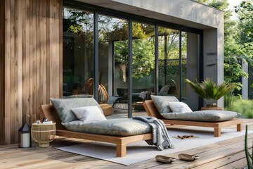  Outdoor Terrace with Wooden Furniture, Sliding Doors, and Sun Loungers Amidst Greenery Views