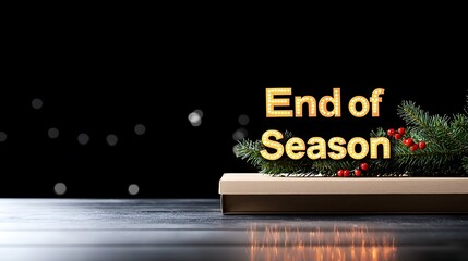 Holiday sale Text "End of Season", present, pine boughs, red berries, and snowy effect on a dark background