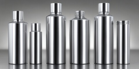 Polished aluminum bottle collection on metallic surface forming sterile precise object lineup for minimalist product layout emphasizing clean industrial packaging and professional design