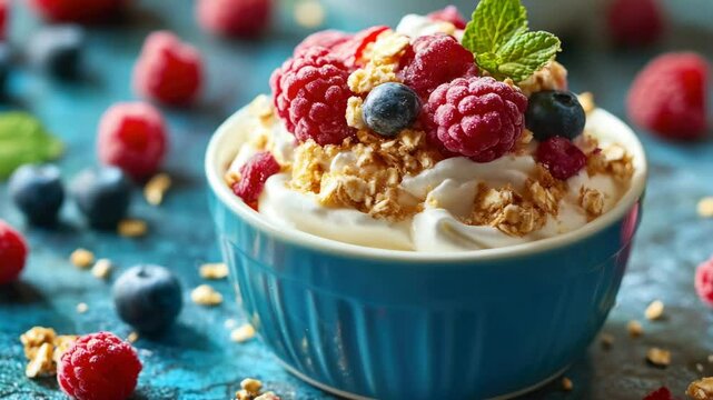 A wholesome treat for a health-conscious morning or as an anytime dessert. Raspberries, blueberries and granola combine to make a nutritious and delightful dish.