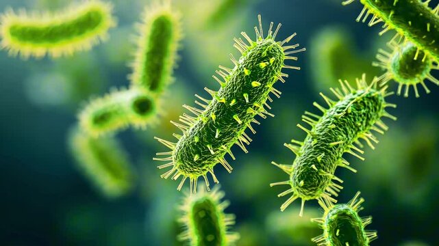 Rod-shaped bacteria are floating in a green environment, possibly indicating a microbial ecosystem