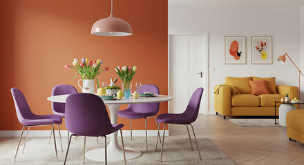 Modern dining area decorated for Easter, perfect for spring and holiday visuals, interior design concepts