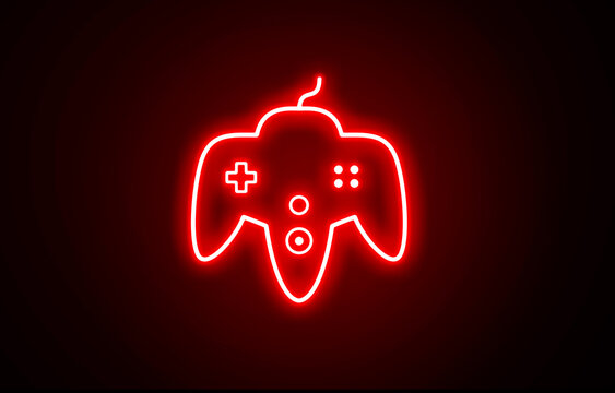Neon Video game controller line icon on black background. gamepad flat icon for apps and websites. Red Color Game controller outline icon. - Powered by Adobe