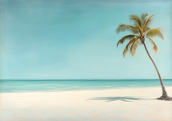 Obraz premium Tropical sandy beach with single leaning palm tree and soft pastel blue sky above calm turquoise ocean, peaceful serene vacation destination, minimalistic empty paradise island background