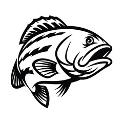 Isolated Monochrome Largemouth Bass Illustration, Black and White Fish Icon Design