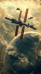 Naklejka premium Detailed view of a space station orbiting a cloudy planet spaceships flying nearby