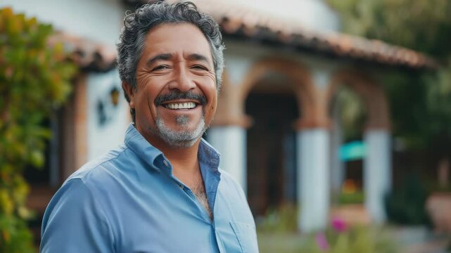 A man with a big smile on his face is standing in front of a house. He is wearing a blue shirt and a white shirt underneath