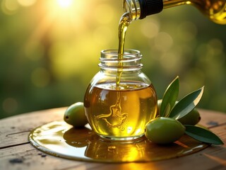Golden olive oil being poured into a glass jar with fresh olives and leaves on a rustic wooden table in sunlight.