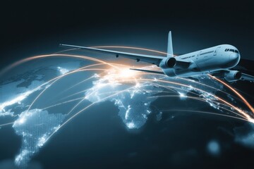 Cargo airplane soaring above world map with glowing trade routes