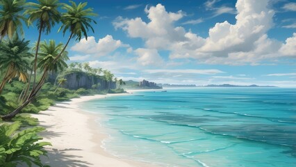 High-angle, full shot of a tropical beach.