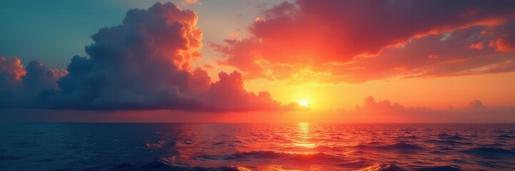 Fototapeta premium Fiery sunrise bursts over tranquil sea, painting clouds ablaze , yellow, nature