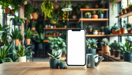 Smartphone on wooden table, blank white screen, potted plants background, indoor garden, green foliage, shelves with plants