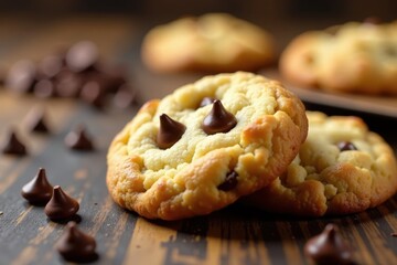 Golden brown cookies, chocolate chips scattered , baked goods, chips, melt