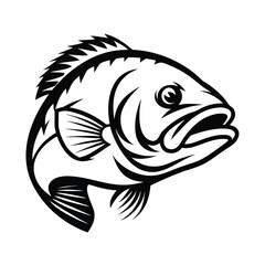 Monochrome Largemouth Bass Profile Angled, Silhouette of Freshwater Fish