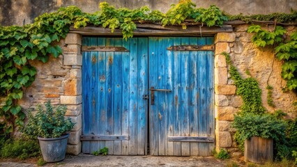 Weathered Blue Double Doors Set In Stone Wall With Lush Green Vines