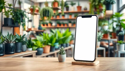 Smartphone on wooden table, blank white screen, potted plants background, indoor garden, green foliage, shelves with plants, bright interior, cozy plant shop atmosphere, blurred background