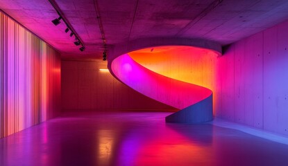 Spiral staircase, vibrant neon glow