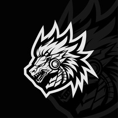 Dragon robot mascot animal esport illustration logo design, black white