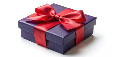 Obraz premium A beautifully wrapped purple gift box with a vibrant red satin ribbon bow, isolated on a pristine white background.