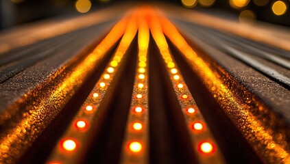 Glowing orange LED lights arranged in parallel lines on a dark textured surface, converging towards the viewer