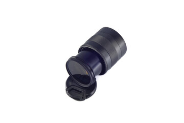 Black Camera Lens with Cap on White Background