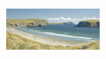 Coastal vista with sandy beach grassy dunes and calm blue sea under a bright sky