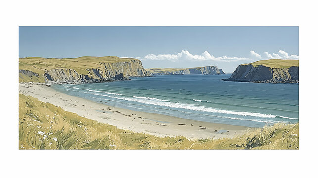 Coastal vista with sandy beach grassy dunes and calm blue sea under a bright sky