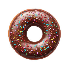Indulge in a delightful chocolate doughnut topped with vibrant sprinkles on a pristine white background