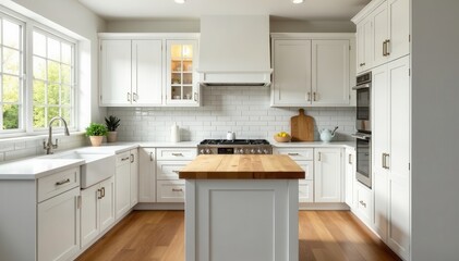 White cabinets, butcher block island, farmhouse sink, window, interior