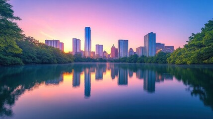 City skyline reflected in tranquil lake at sunrise