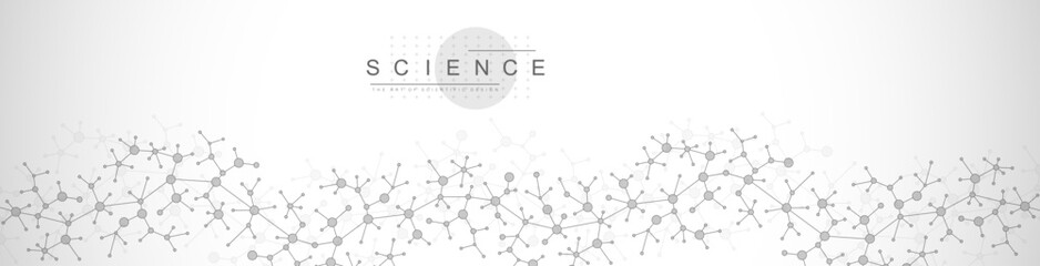 Colorful molecules background with DNA helix, DNA strand, DNA Test. Molecule or atom, neurons. Abstract structure for science, healthcare or medical background, banner. Scientific vector illustration
