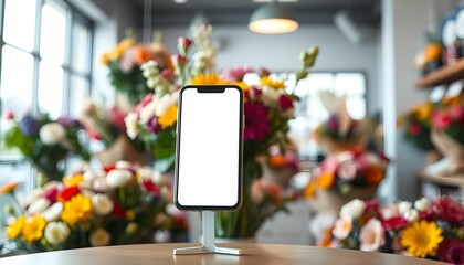 Smartphone on wooden table, flower shop background, colorful bouquets, blurred floral display, modern technology, retail environment